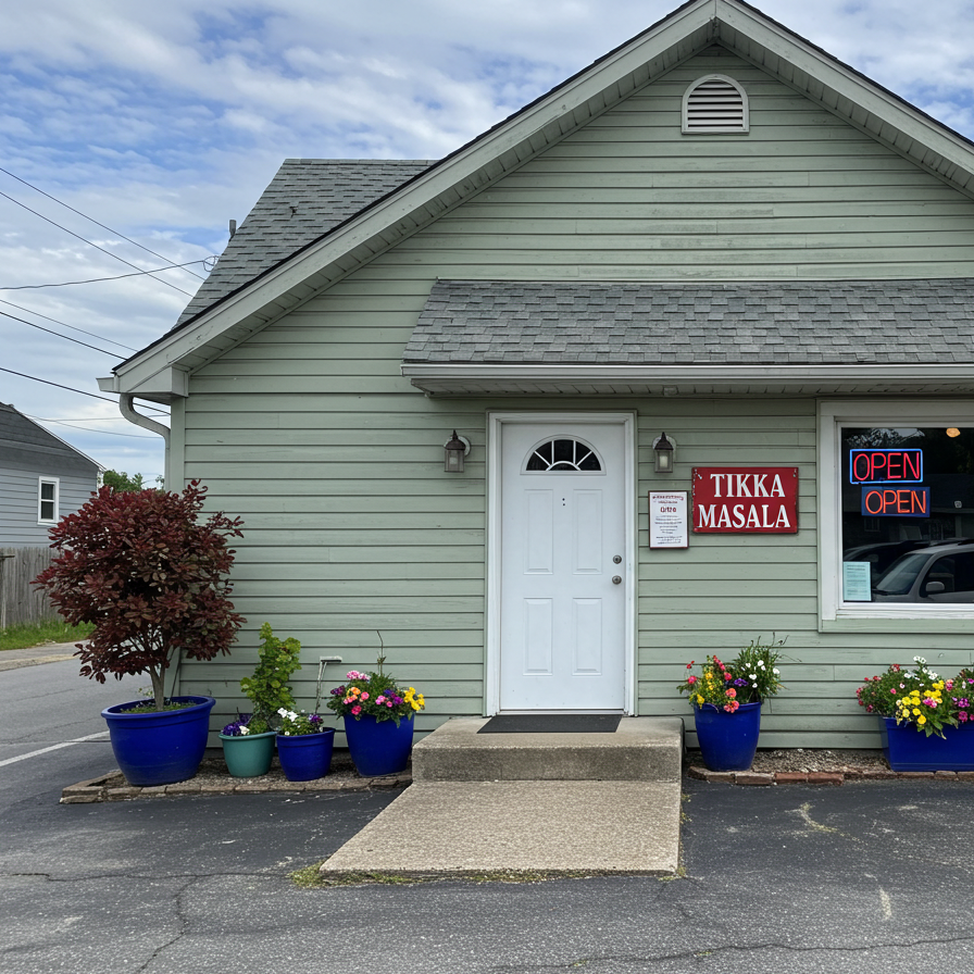 Tikka Masala A daytime image of a cozy, charming Indian restaurant entrance housed in a converted residential-style building with sage green wooden siding and a peaked roof with dark gray shingles. The simple white door should be centered in the frame with a few concrete steps leading up to it. Feature the restaurant's distinctive red signage with 'TIKKA MASALA' prominently displayed on the wall beside the entrance. Include the blue 'OPEN' sign visible in the window. The landscaping should show several potted plants in blue containers flanking the entrance with some small colorful flowers. Capture the homey, neighborhood restaurant feel with the parking area visible to one side where a white car is partially shown. The sky should be partly cloudy with soft blue tones. The lighting should be natural daytime lighting that highlights the unpretentious, welcoming character of this authentic Indian restaurant that focuses on quality food rather than elaborate decor. This image should convey that hidden gem quality of an excellent restaurant in a humble setting